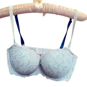 VICTORIA'S SECRET PINK Lined Underwire Demi Bra Blue Silver Lace Sexy 34D EUC